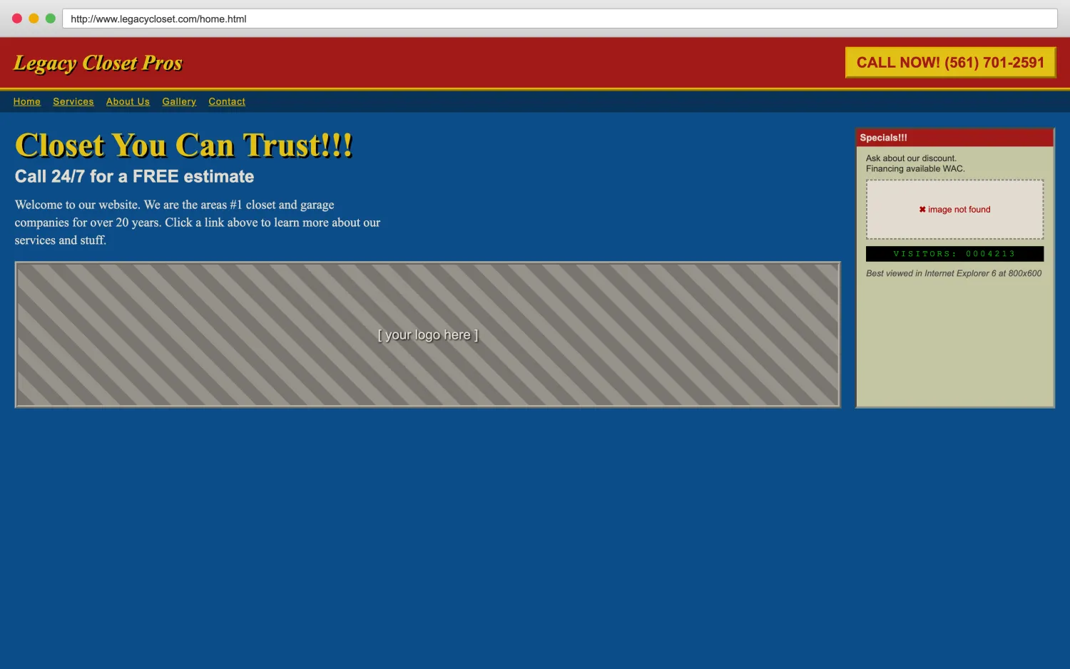 Illustrative example of a dated, broken closet and garage organization website with clashing colors, a missing image, and hard-to-read layout.