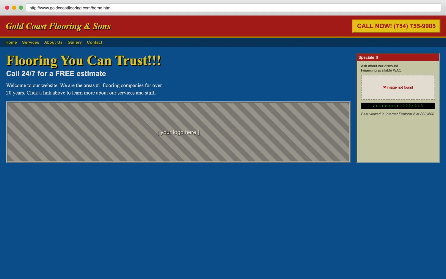Illustrative example of a dated, broken flooring website with clashing colors, a missing image, and hard-to-read layout.