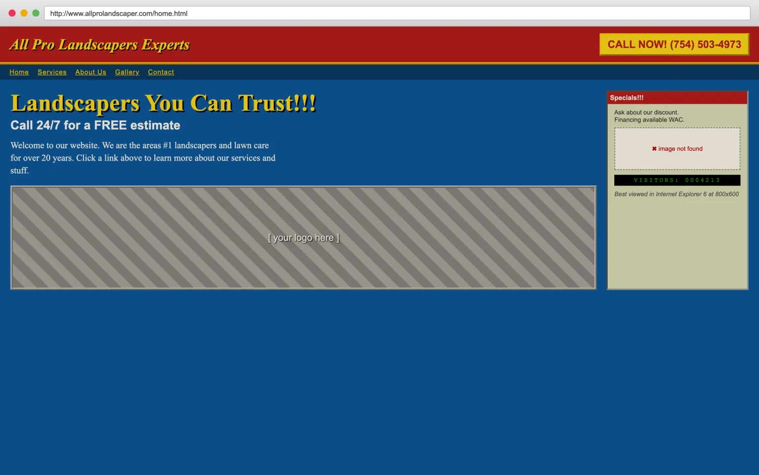 Illustrative example of a dated, broken landscapers website with clashing colors, a missing image, and hard-to-read layout.
