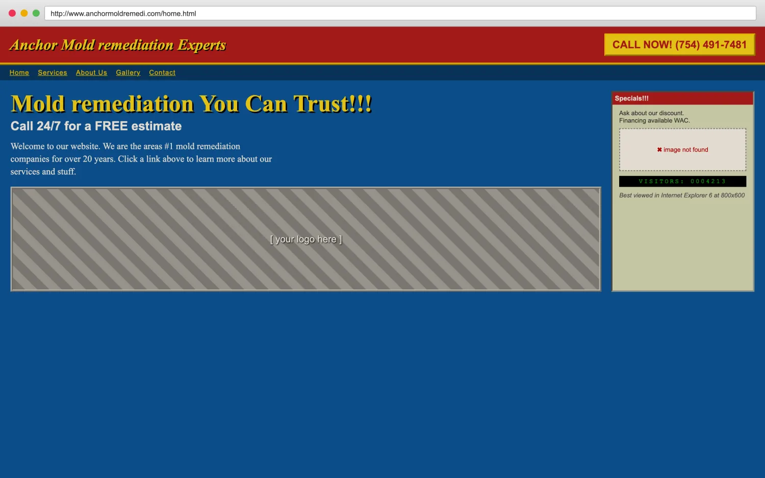 Illustrative example of a dated, broken mold remediation website with clashing colors, a missing image, and hard-to-read layout.