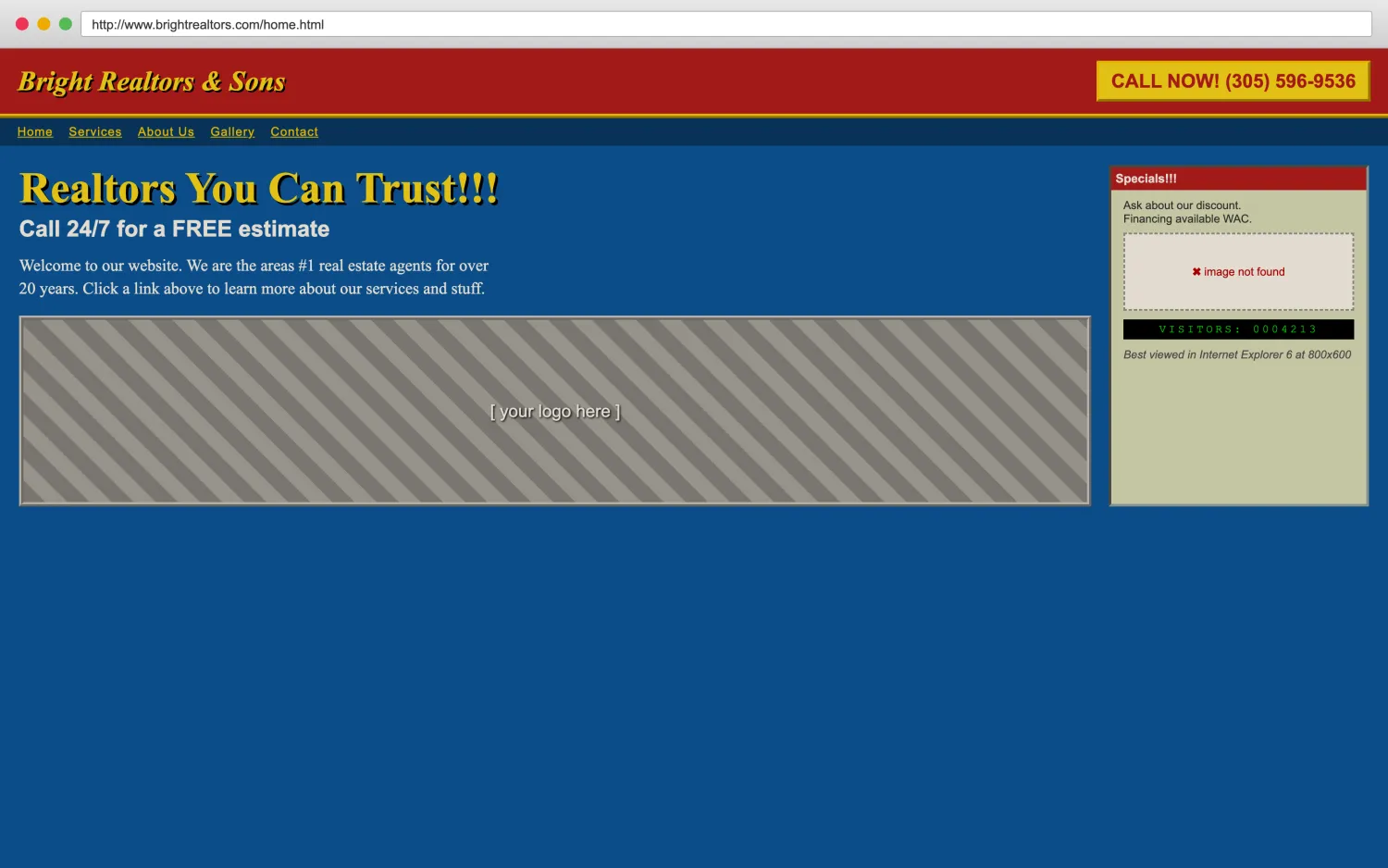 Illustrative example of a dated, broken realtors and agents website with clashing colors, a missing image, and hard-to-read layout.