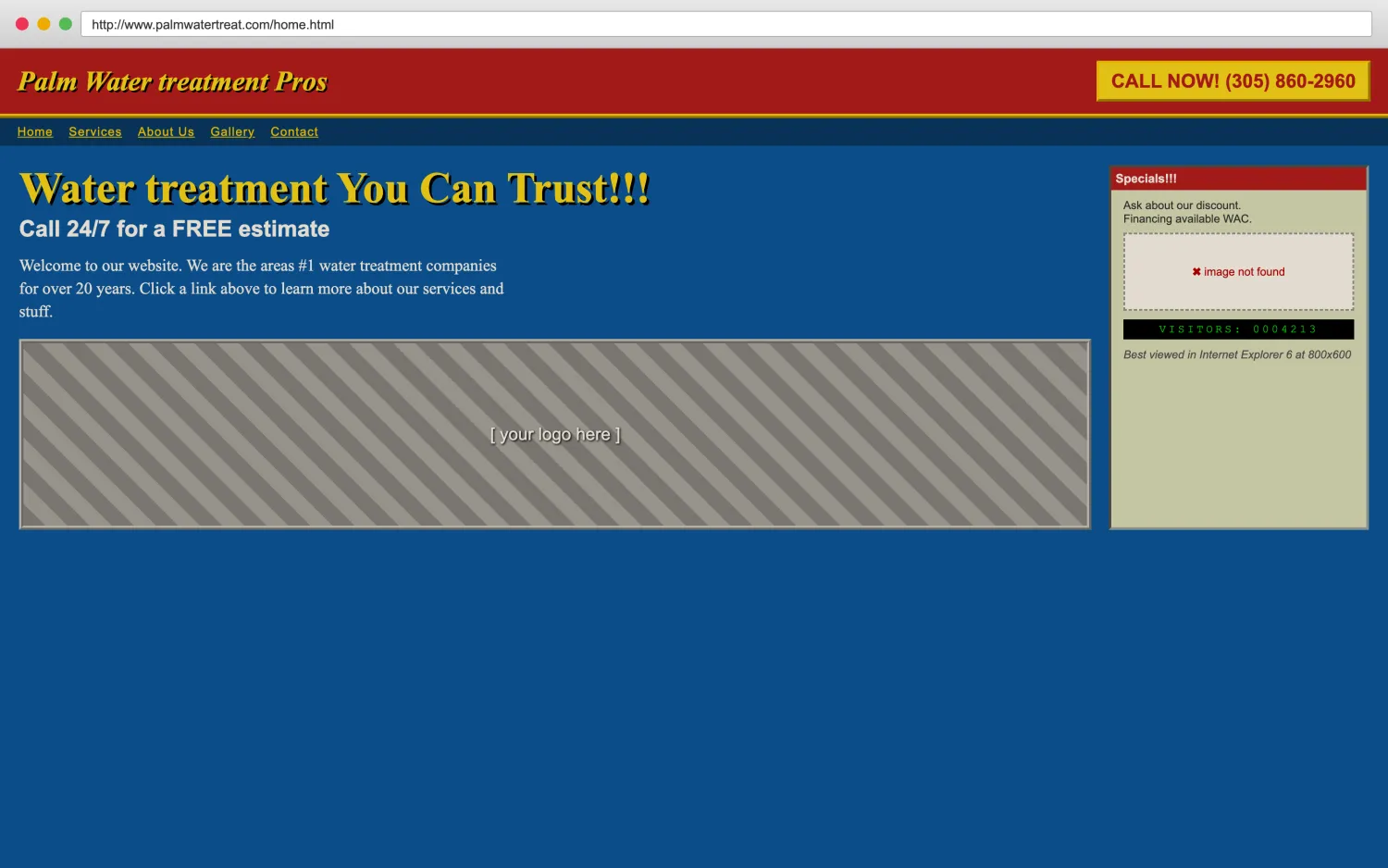 Illustrative example of a dated, broken water treatment website with clashing colors, a missing image, and hard-to-read layout.