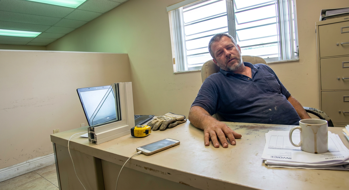 Tired worker sits behind a cluttered desk with a window sample and coffee mug.