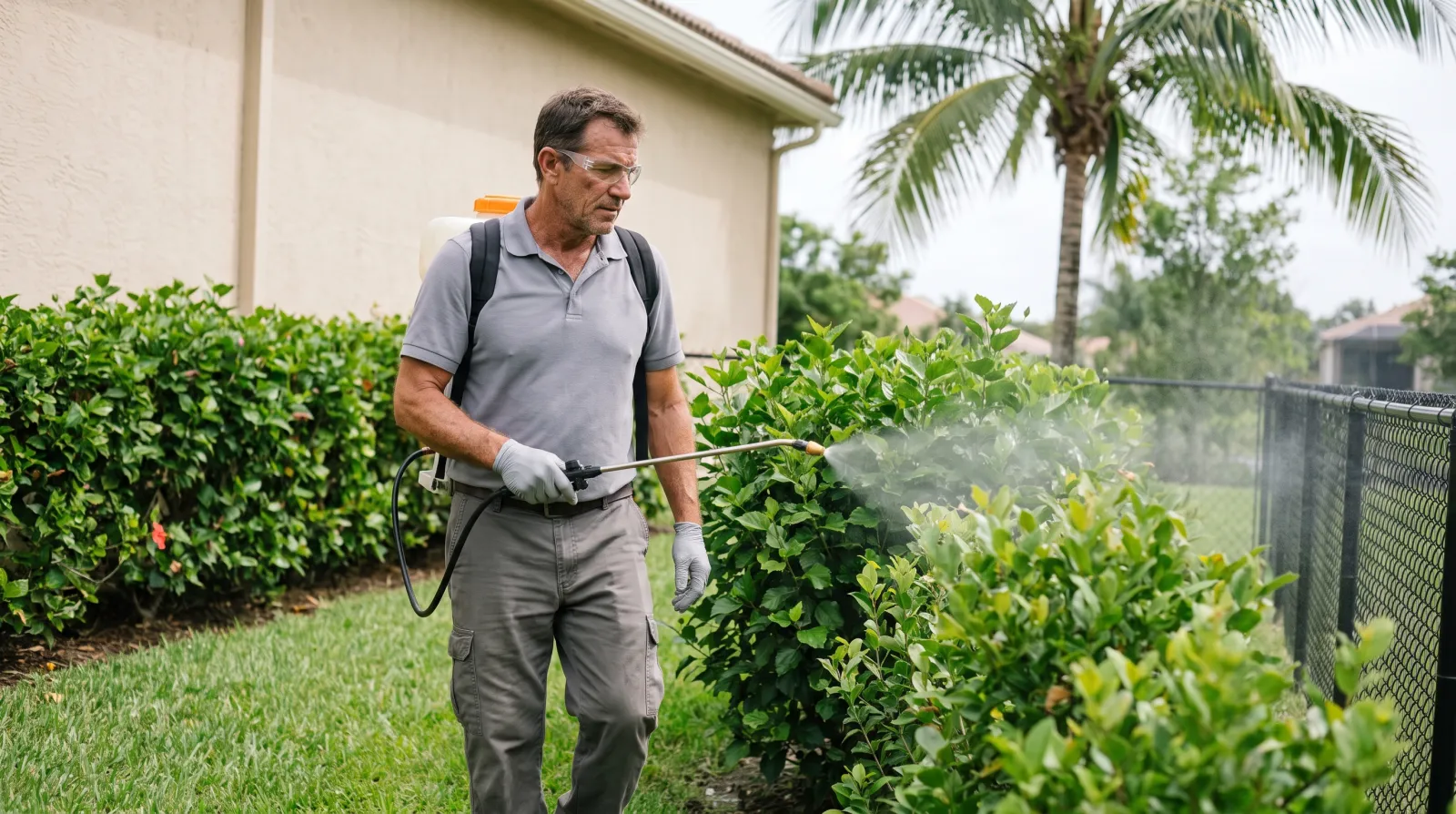 A technician kneels in a South Florida home hallway feeding a rotary brush hose into a ceiling air duct register while cleaning it with a vacuum system.
