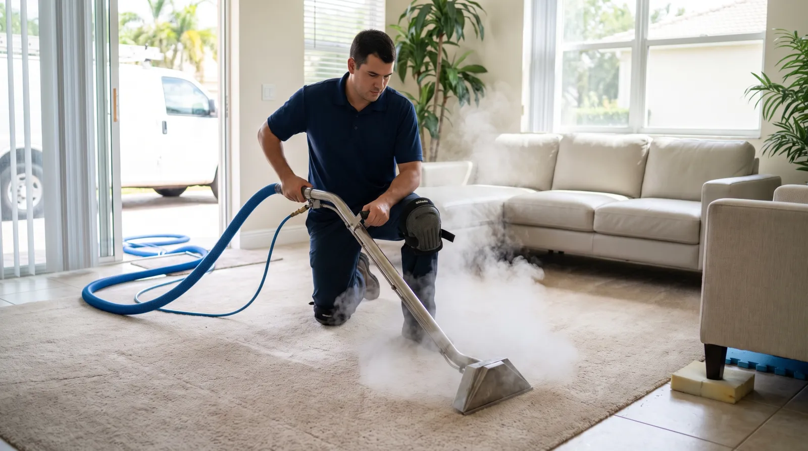 A carpet cleaning technician steam cleans an area rug in a bright South Florida living room using a truck-mounted steam cleaning wand.