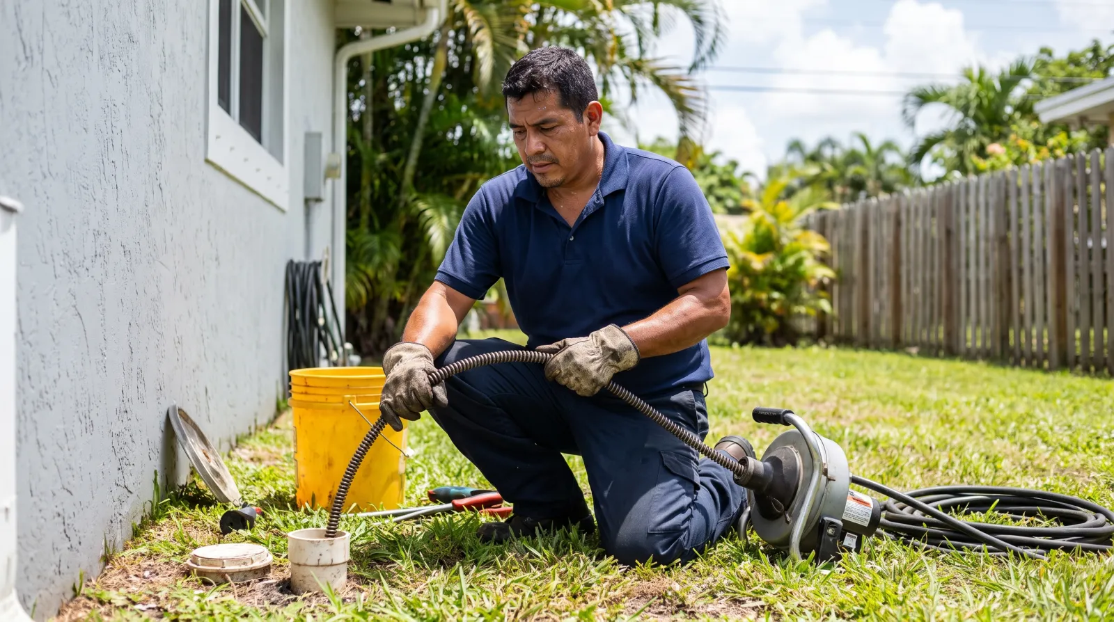 A plumber kneels beside a residential cleanout pipe feeding a drain snake cable into the line to clear a clogged sewer drain outside a home in Fort Lauderdale, Florida.
