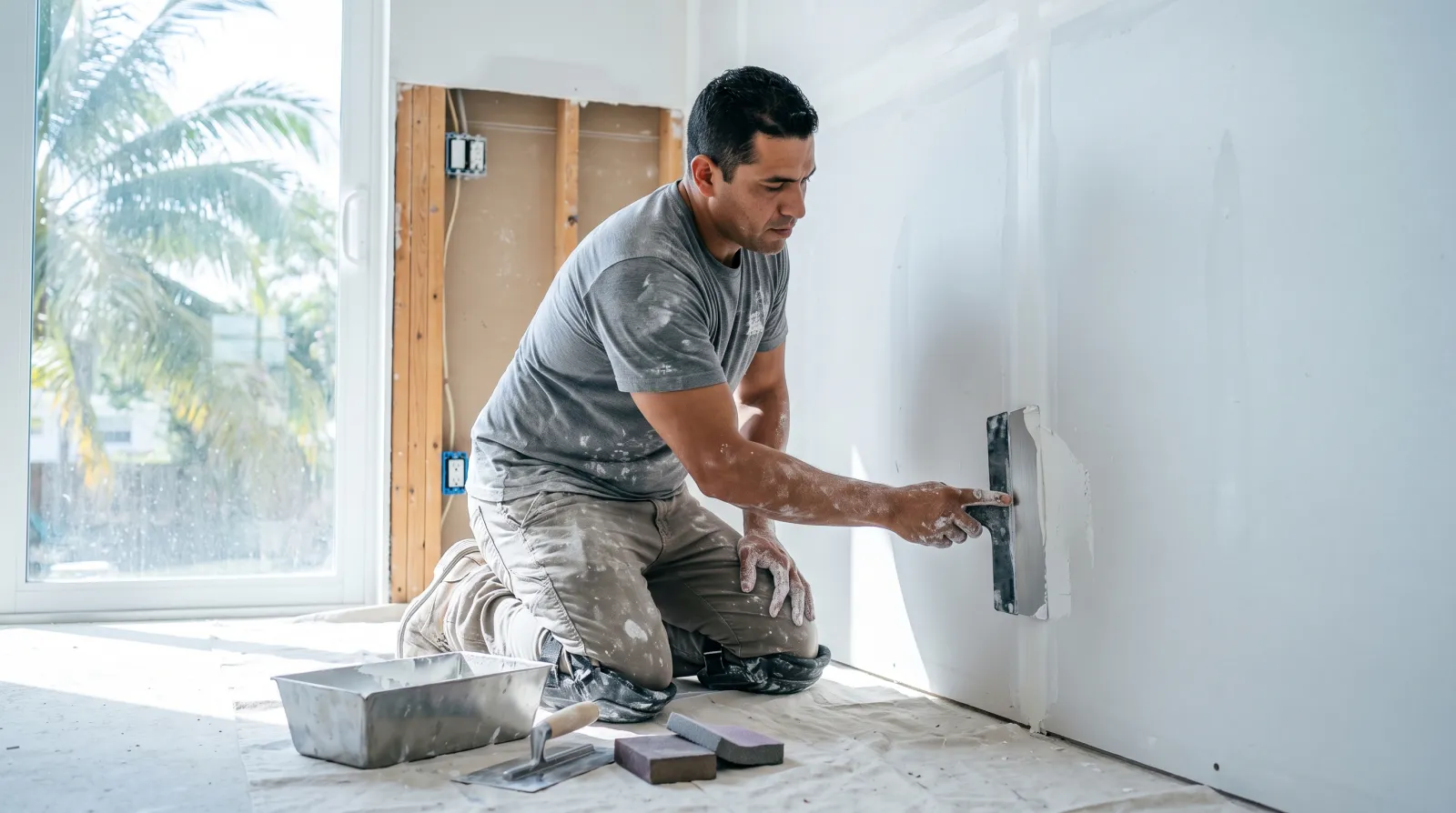 A drywall contractor kneels and smooths joint compound over a taped seam with a steel trowel in an unfinished South Florida living room.