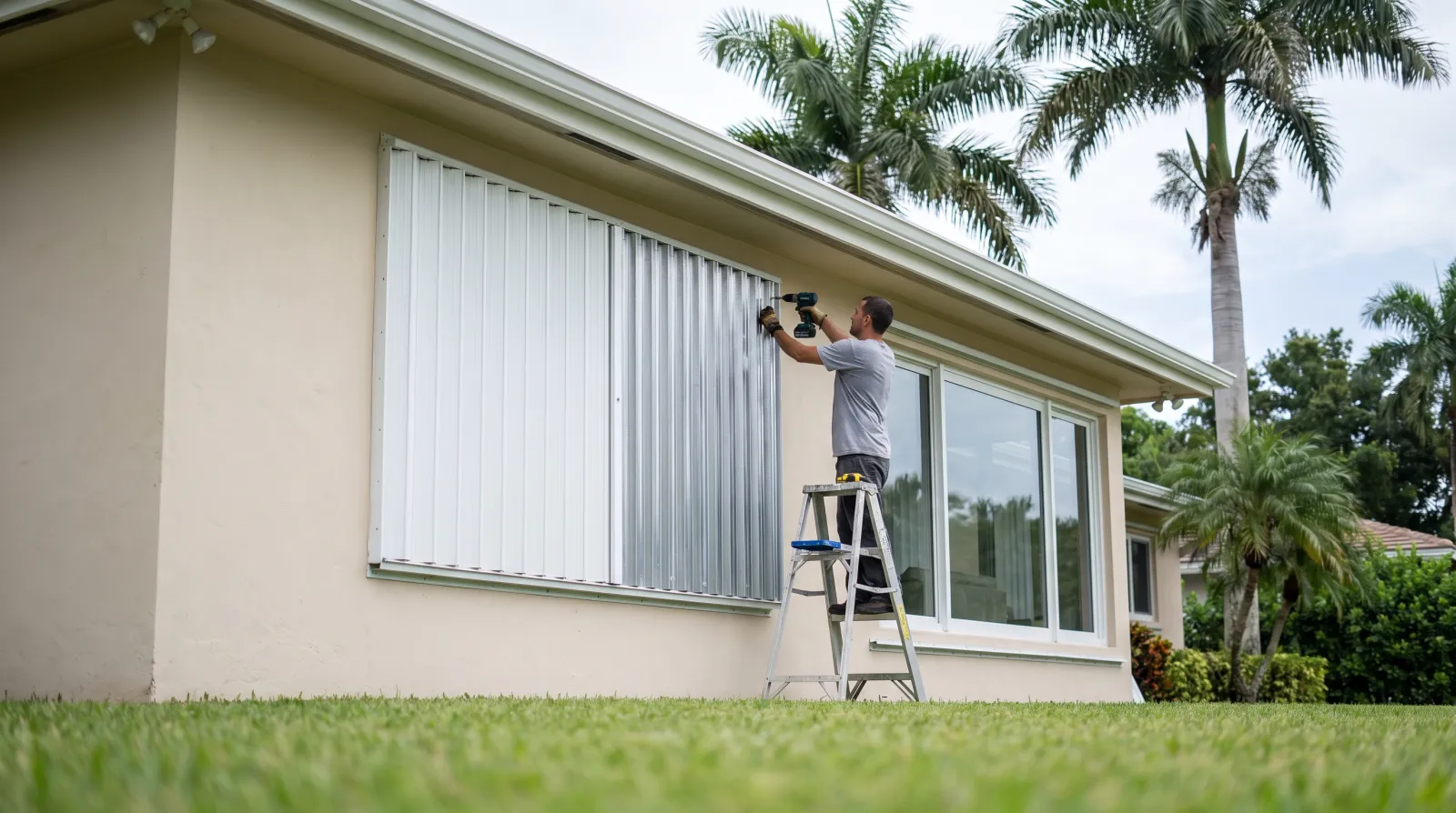A tradesman bolts a corrugated aluminum accordion hurricane shutter into place beside a window of a stucco home in South Florida.