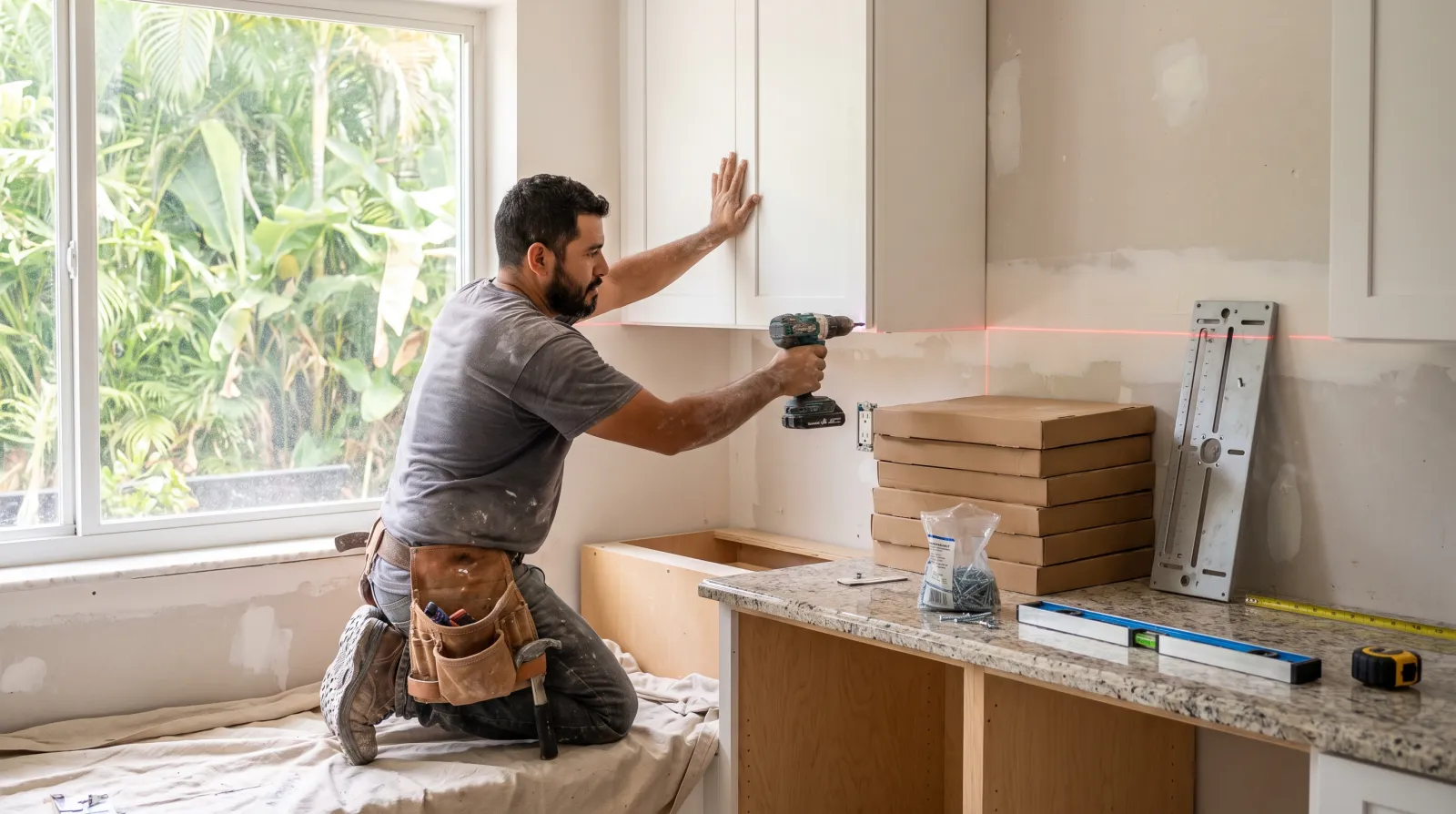 A tradesman installs a white shaker-style upper cabinet in a sunlit South Florida kitchen mid-renovation.