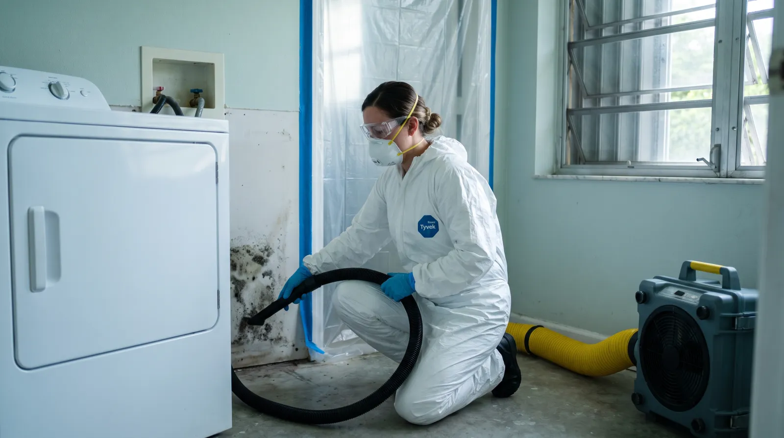 A mold remediation technician in a protective coverall suit and respirator mask uses a HEPA vacuum to clean mold from a water-damaged wall in the laundry room of a South Florida home.