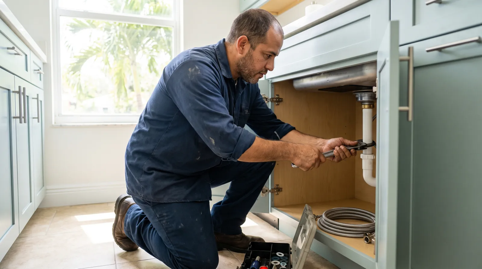Local SEO for Plumbers in South Florida | FoundRank.ai A plumber kneels under a residential kitchen sink in South Florida, using a basin wrench to tighten the water-supply line connection.