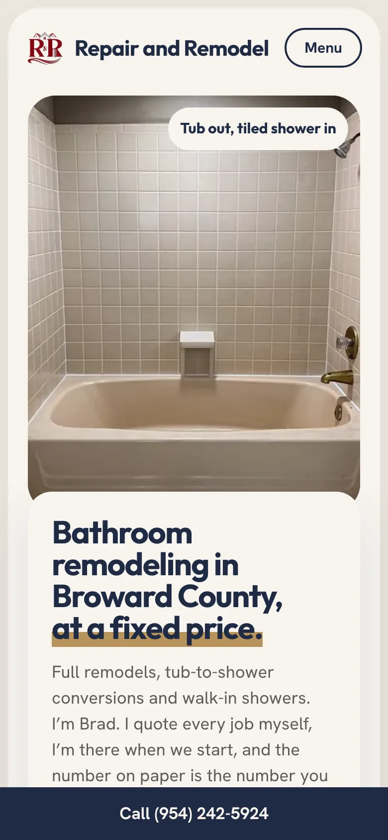 R&R Repair & Remodel mobile website homepage showing a tiled bathtub.